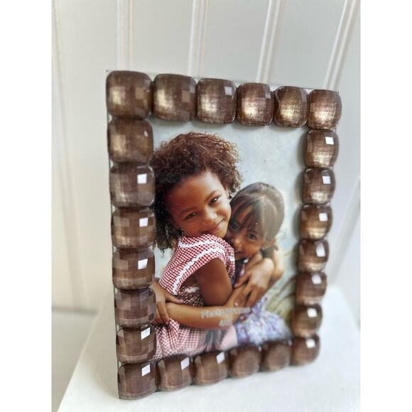 Vintage Beveled Shimmer Wood Beads Knobs Boho Decor Photo Frame 7.5" - Picture 2 of 6